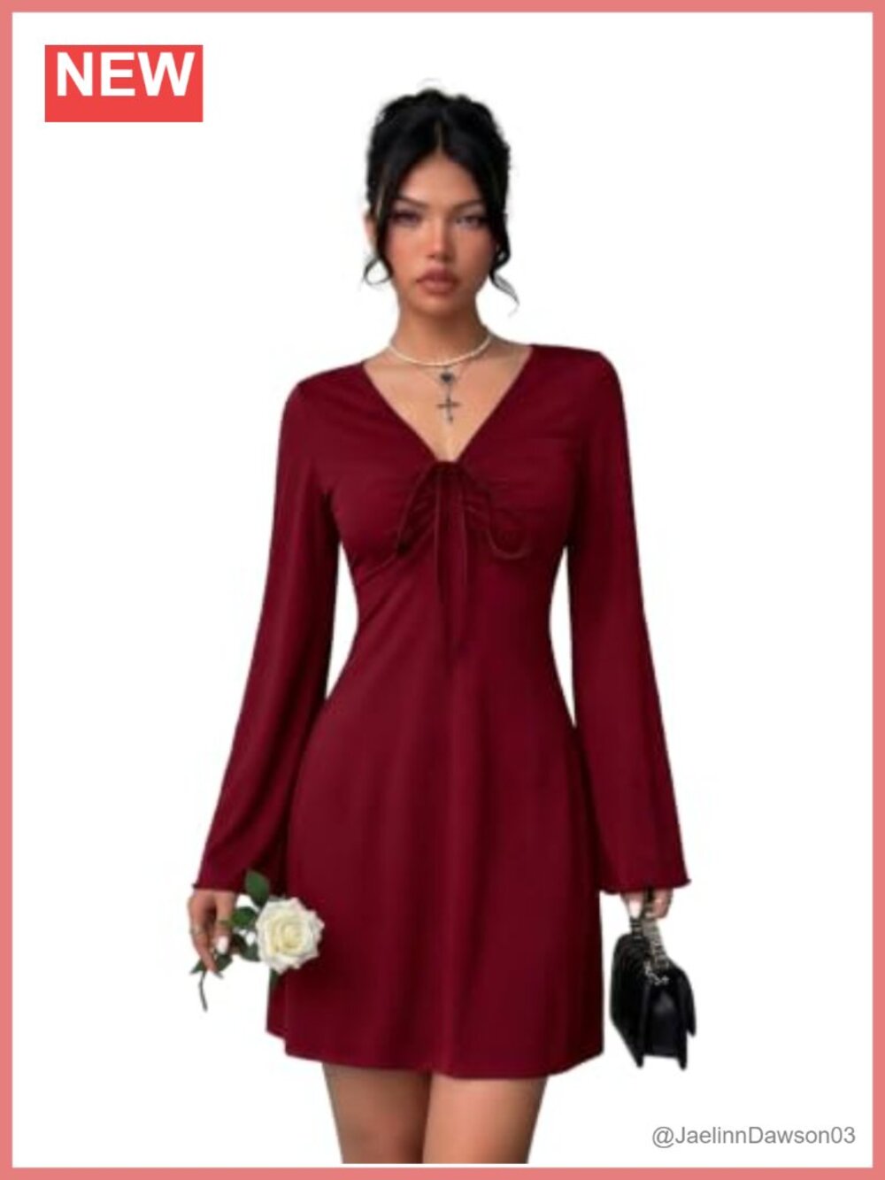 V Neck Bell Sleeve Mini Dress A-Line Flowy Ruched Tie Casual